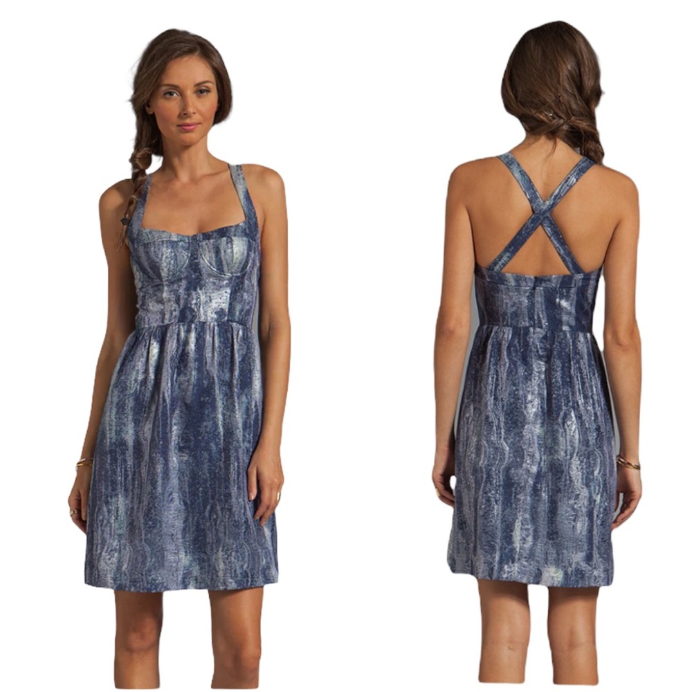 NWT Cynthia Rowley Designer Silk Crisscross Denim Blue Watercolor Mini Dress  0